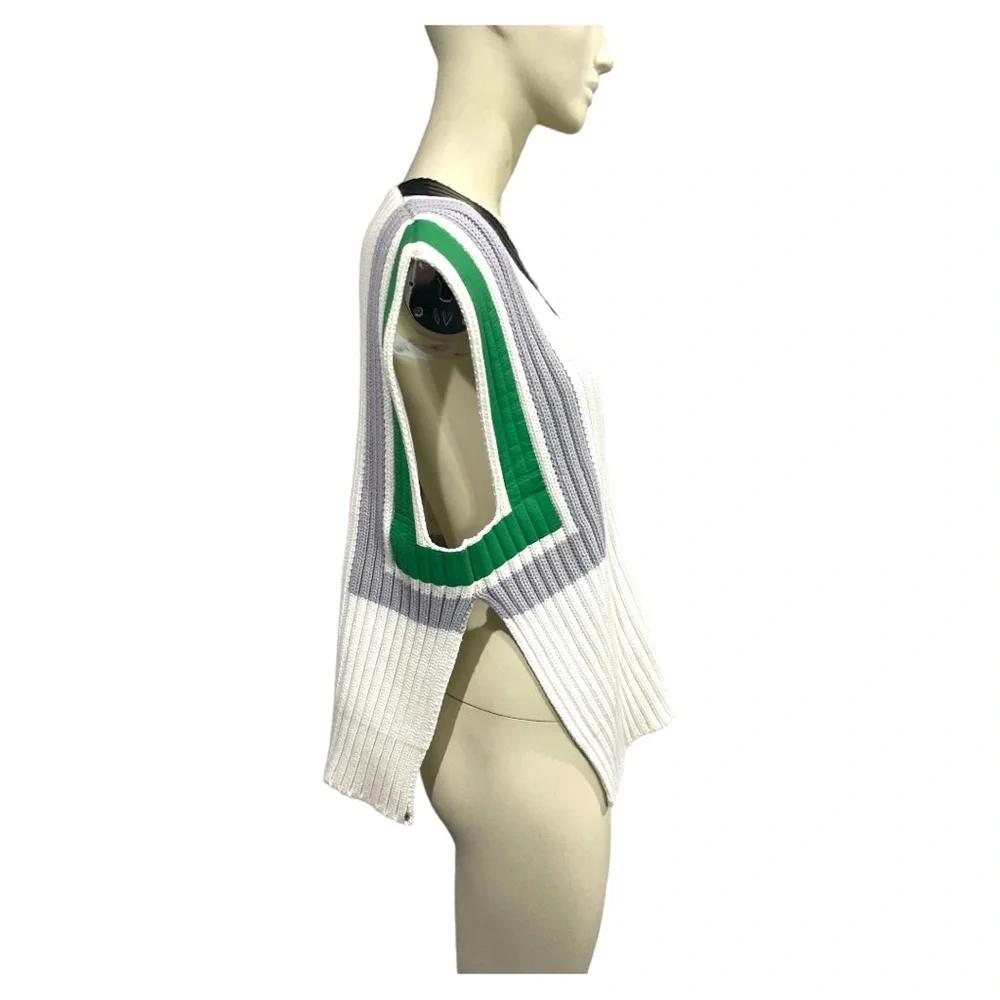 Sportmax White V-Neck Ribbed Sweater Vest with Green and Black Accents - Picture 3 of 9